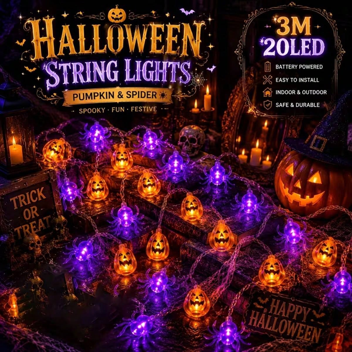 Outdoor Power Jack - 1개 할로윈 호박 10/20 LED 스트링